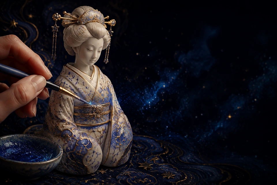 A celestial clay figure painted with constellations